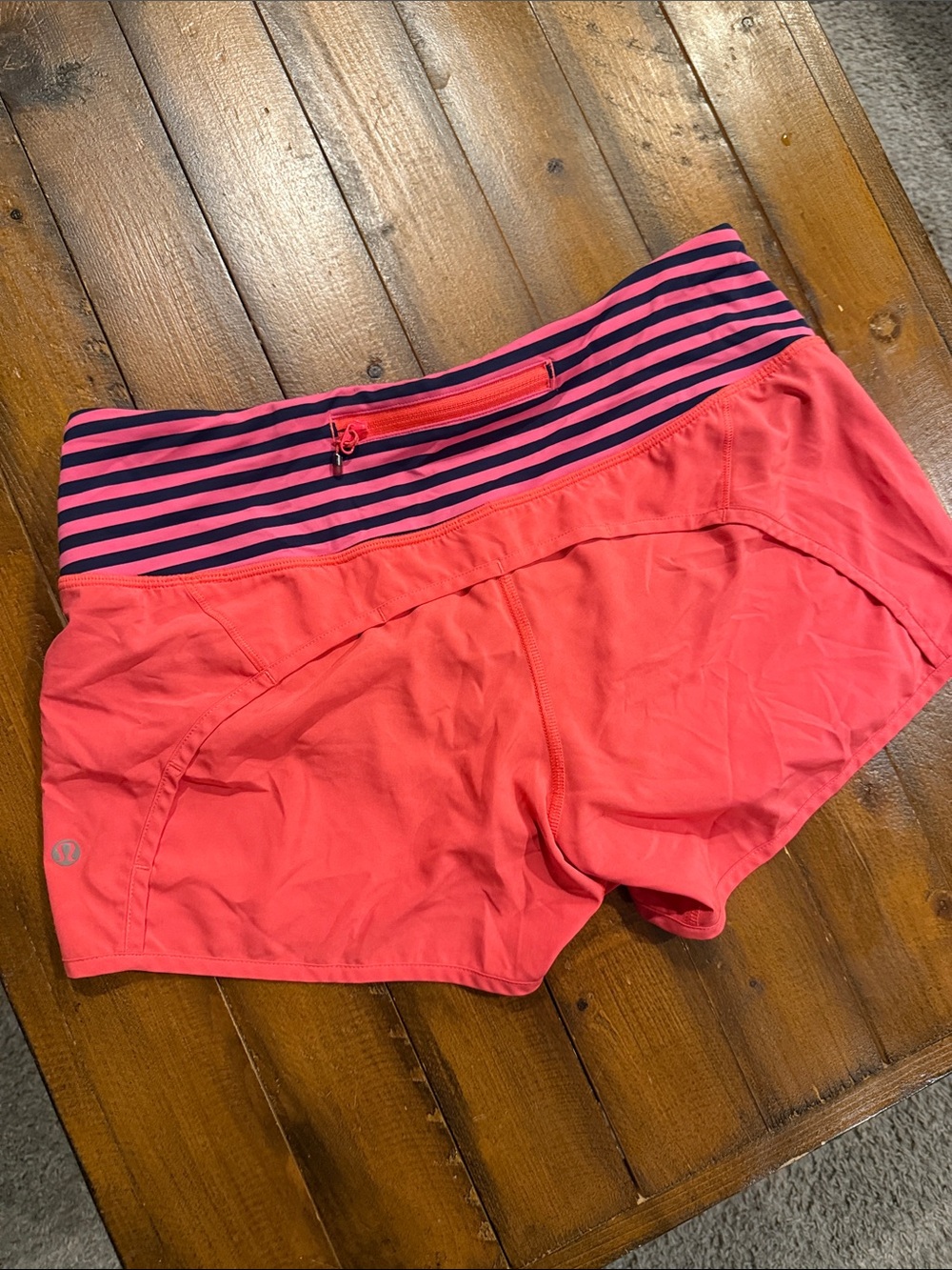 lululemon athletica Coral Pink Running Shorts with Navy Stripe Waistband